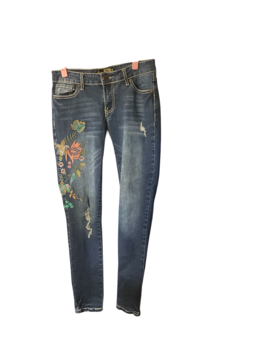 Suzanne Betro Dark Blue Skinny Jeans with Multicolor Floral Embroidery